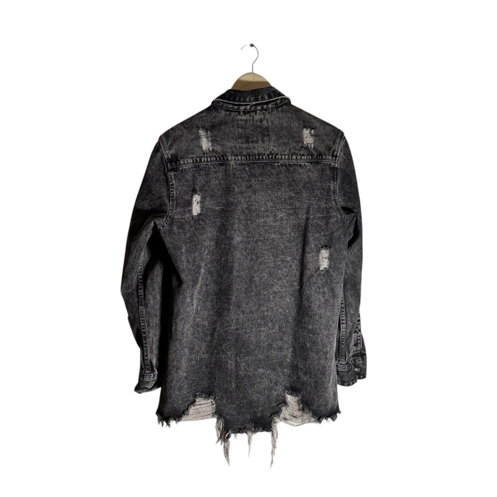 American Bazi Distressed Denim Jacket Oversized Black Jean Button Size Medium - Picture 3 of 6